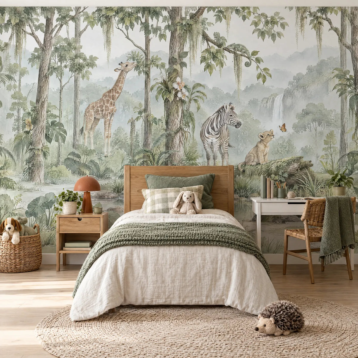 Watercolor wall mural of a giraffe, zebra and lion cub in a misty clearing, in a styled room, by Whimsy Tots