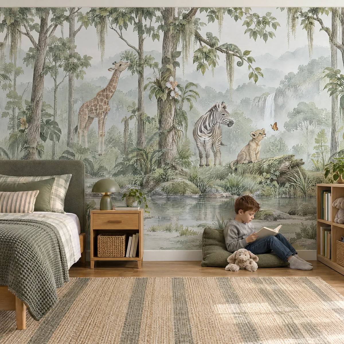 Watercolor wall mural of a giraffe, zebra and lion cub in a misty clearing, in a lifestyle room, by Whimsy Tots