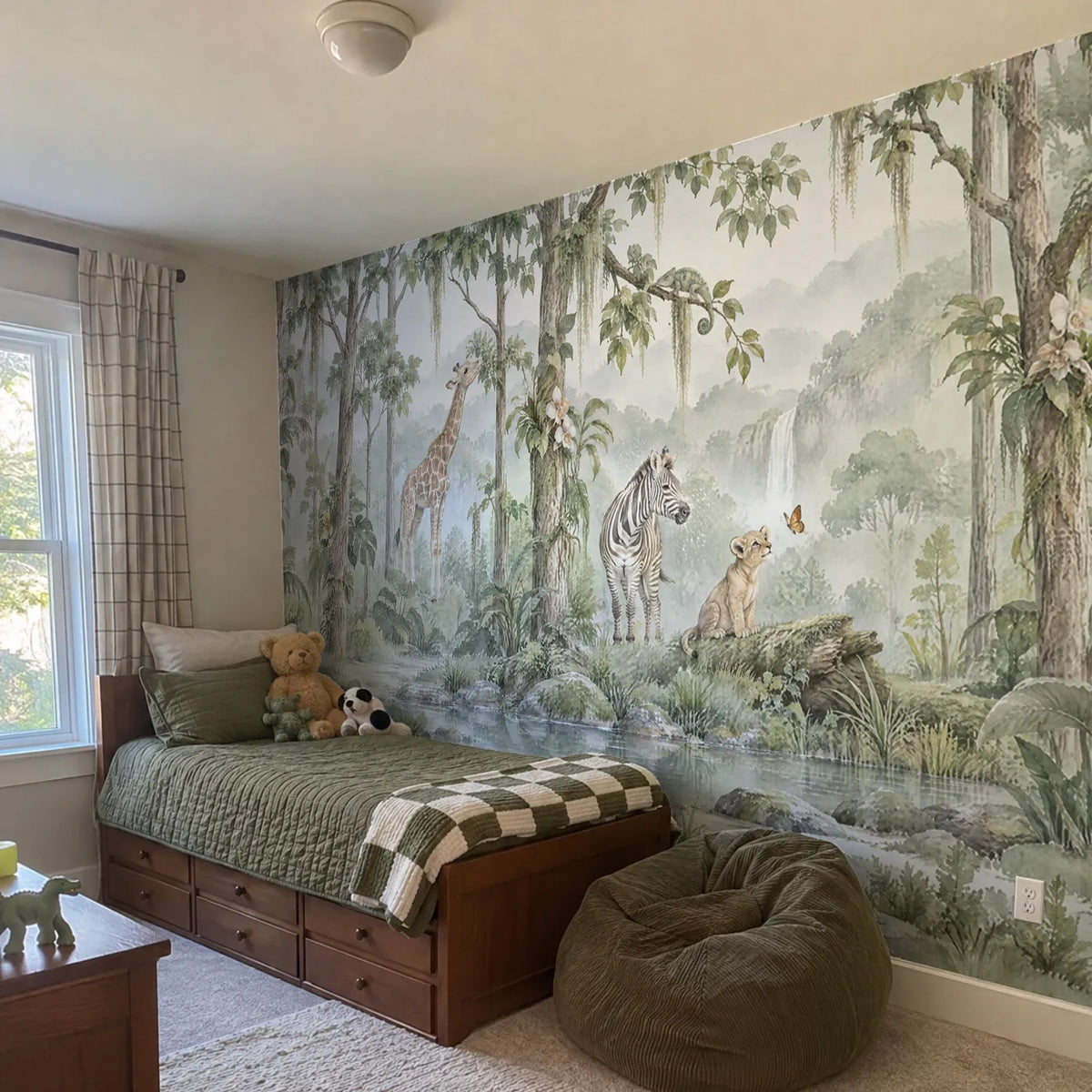 Watercolor wall mural of a giraffe, zebra and lion cub in a misty clearing, in a room photo, by Whimsy Tots