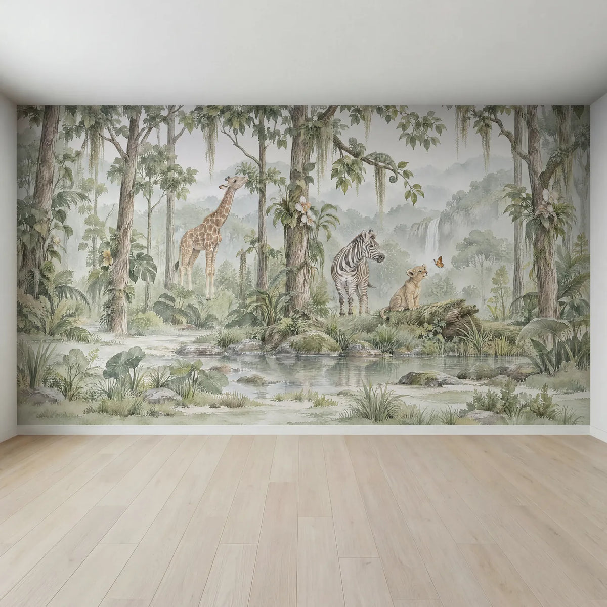 Watercolor wall mural of a giraffe, zebra and lion cub in a misty clearing, full mural design, by Whimsy Tots