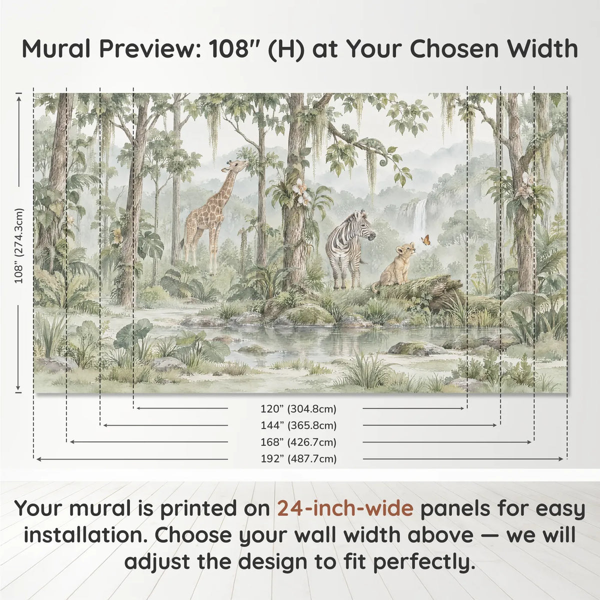 Watercolor wall mural of a giraffe, zebra and lion cub in a misty clearing, panel layout and size, by Whimsy Tots