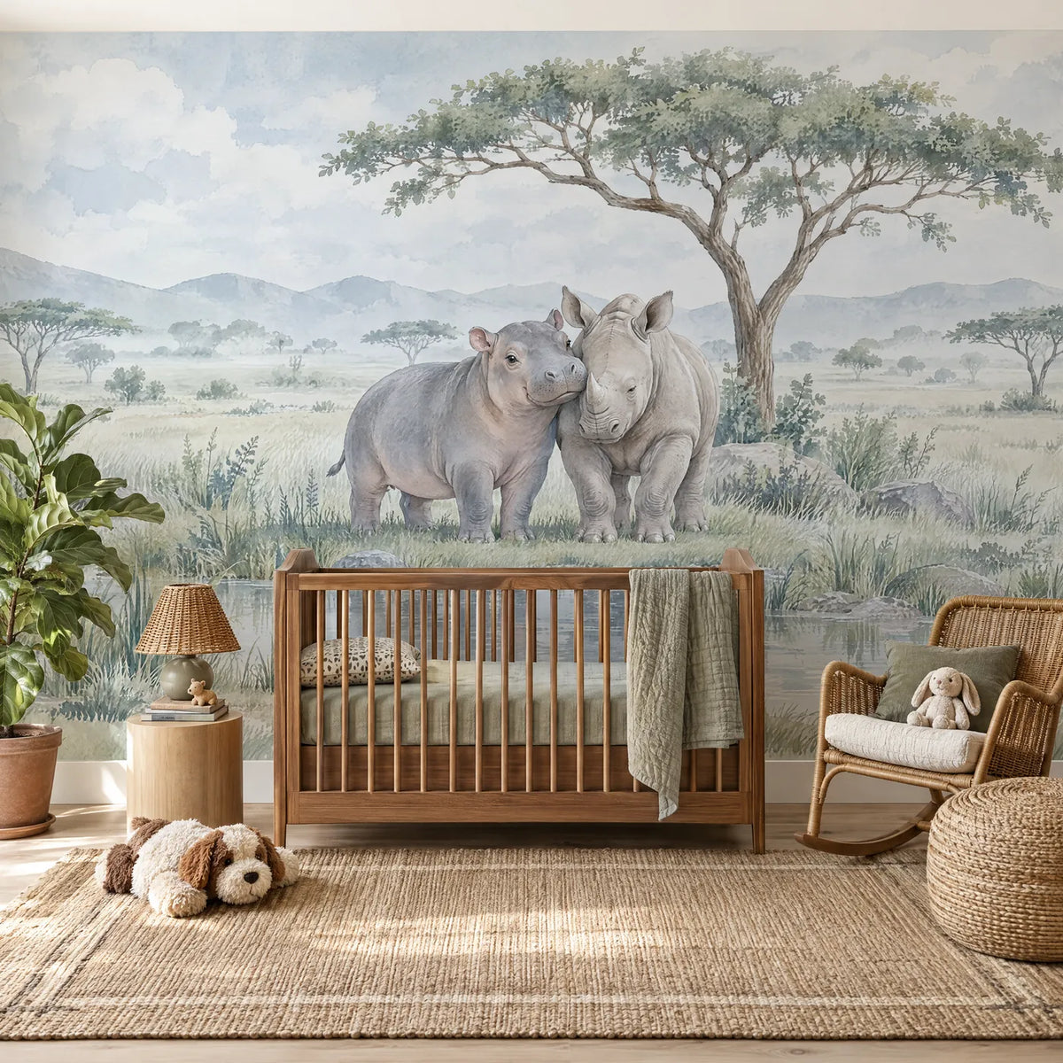 Watercolor wall mural of a young hippo leaning on a rhino calf by a pool, in a styled room, by Whimsy Tots