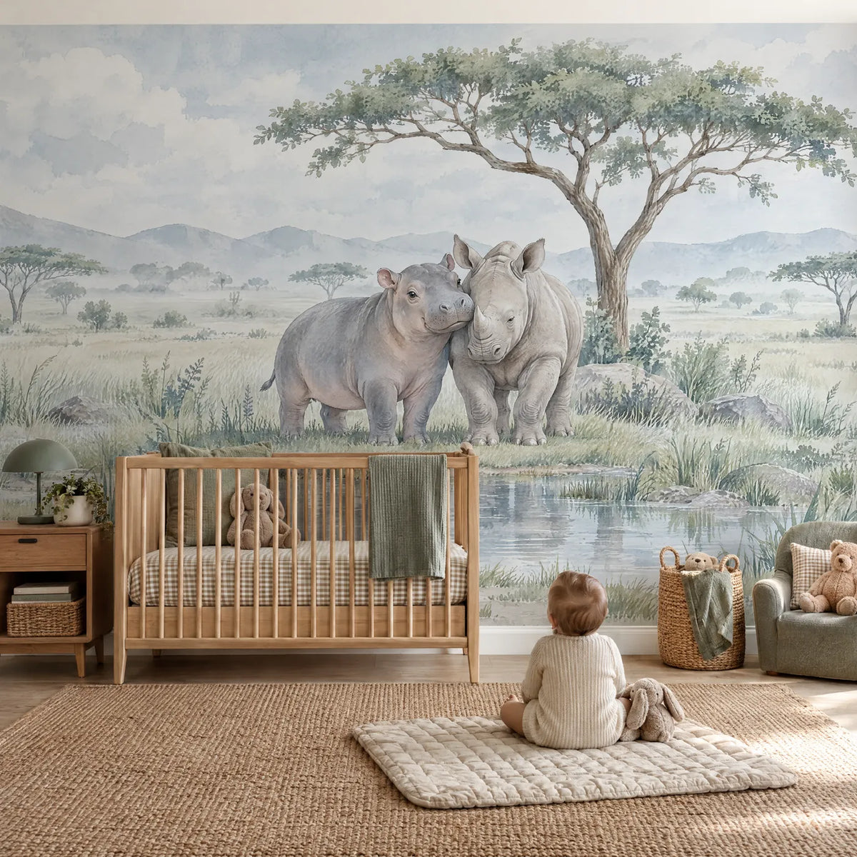 Watercolor wall mural of a young hippo leaning on a rhino calf by a pool, in a lifestyle room, by Whimsy Tots
