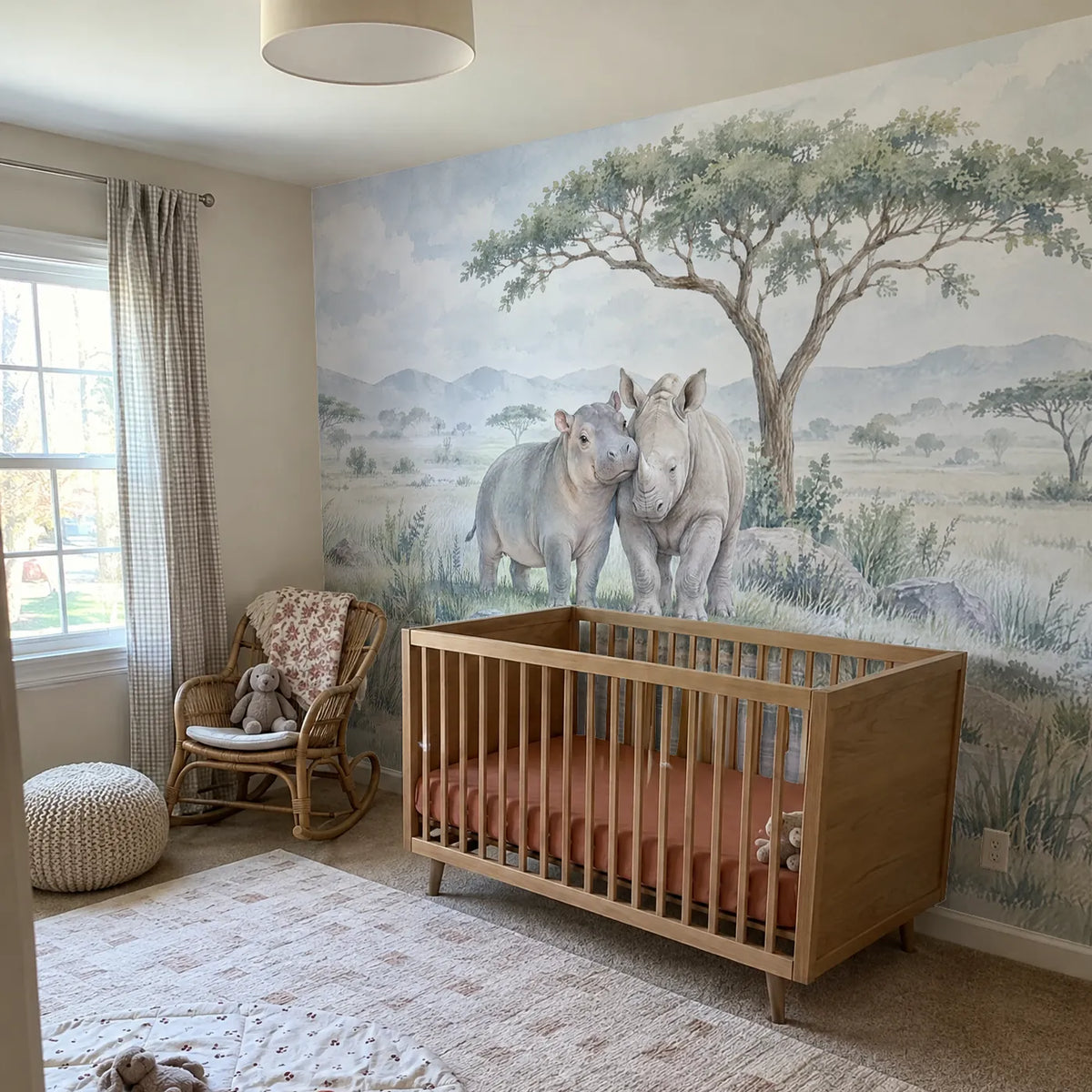Watercolor wall mural of a young hippo leaning on a rhino calf by a pool, in a room photo, by Whimsy Tots