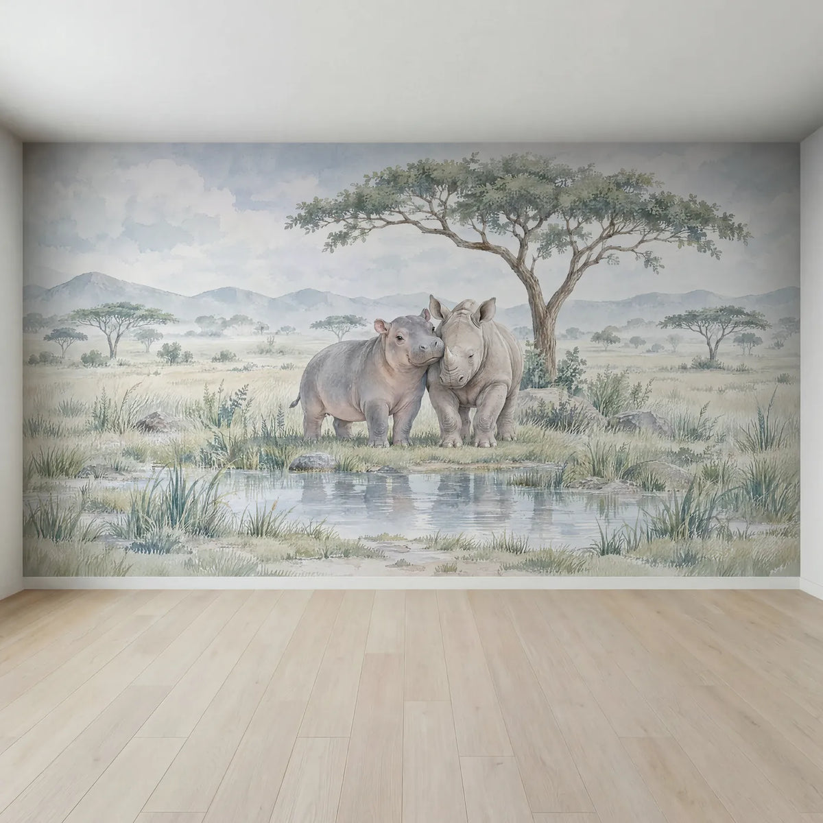 Watercolor wall mural of a young hippo leaning on a rhino calf by a pool, full mural design, by Whimsy Tots