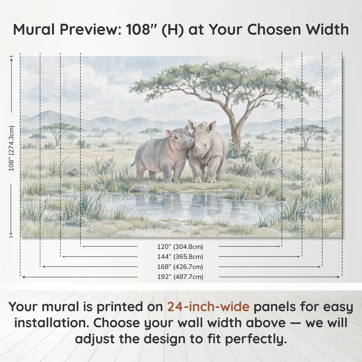 Watercolor wall mural of a young hippo leaning on a rhino calf by a pool, panel layout and size, by Whimsy Tots