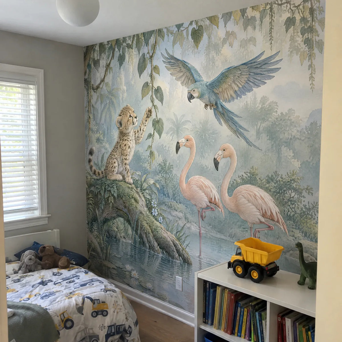 Storybook wall mural of a cheetah cub reaching for a vine by a lagoon, in a room photo, by Whimsy Tots