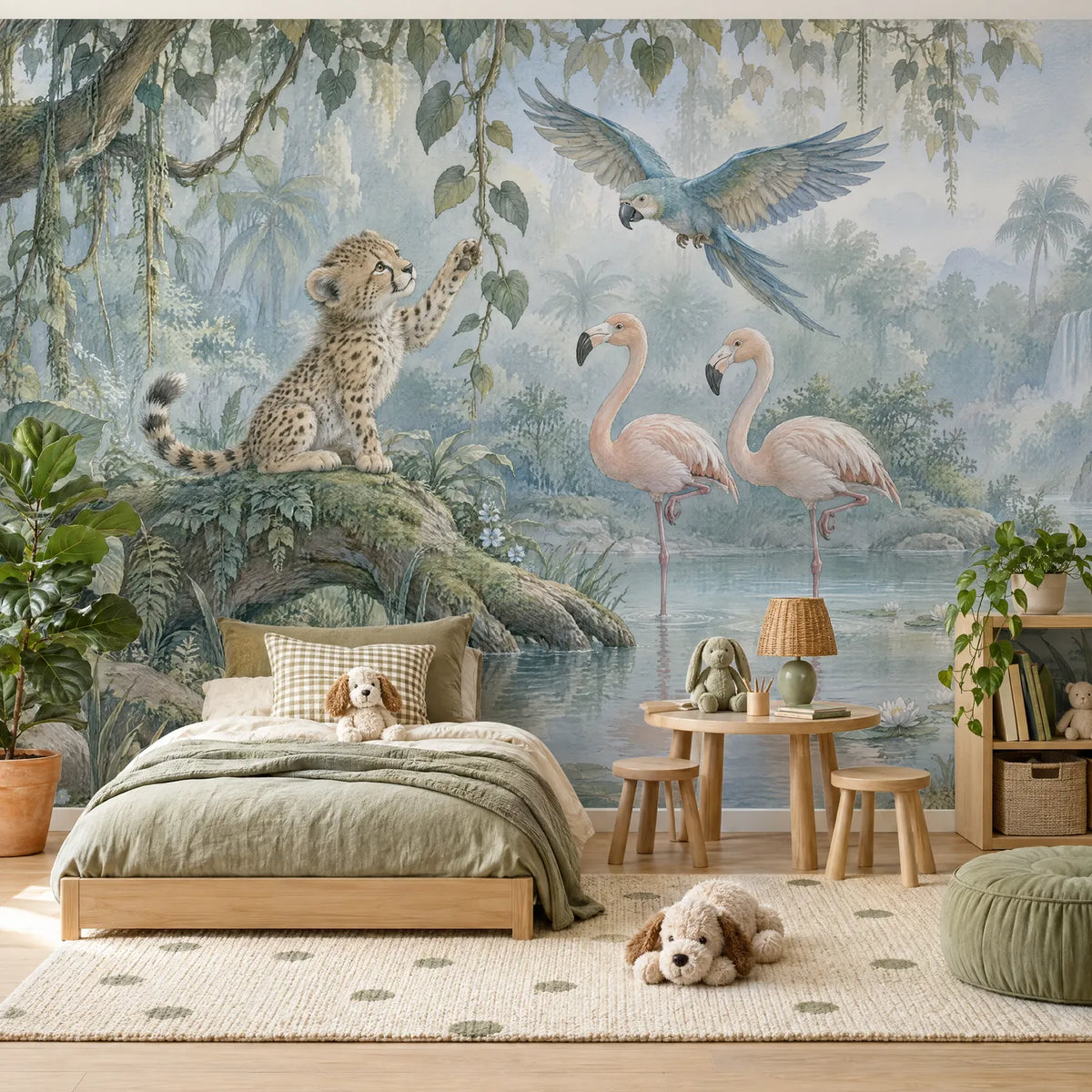 Storybook wall mural of a cheetah cub reaching for a vine by a lagoon, in a styled room, by Whimsy Tots