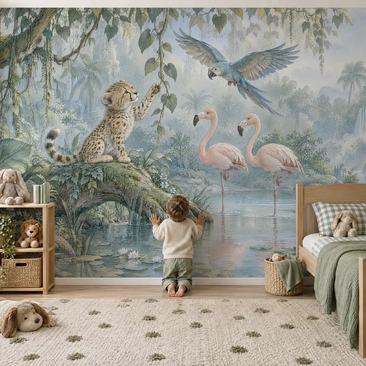 Storybook wall mural of a cheetah cub reaching for a vine by a lagoon, in a lifestyle room, by Whimsy Tots