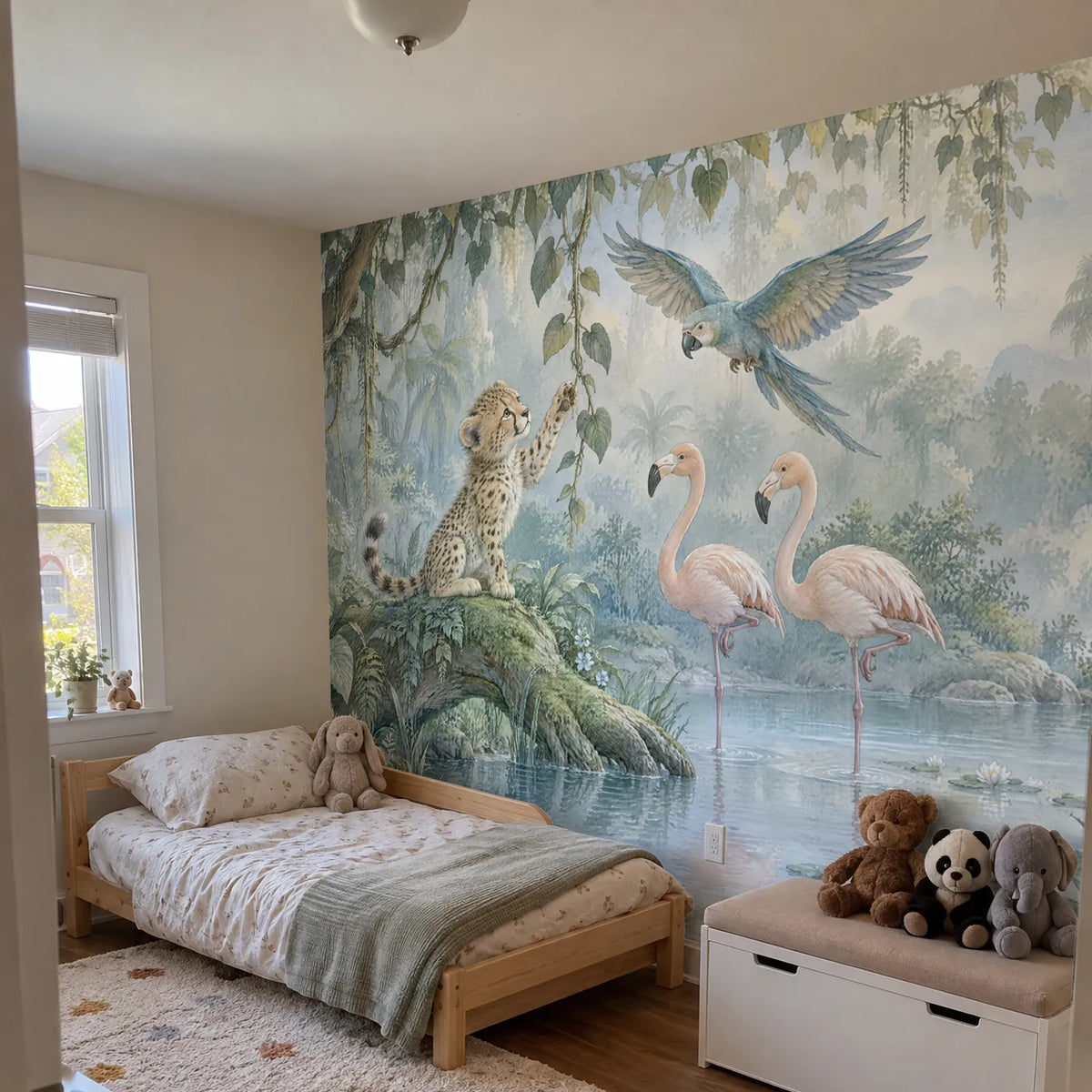 Storybook wall mural of a cheetah cub reaching for a vine by a lagoon, in a room photo, by Whimsy Tots
