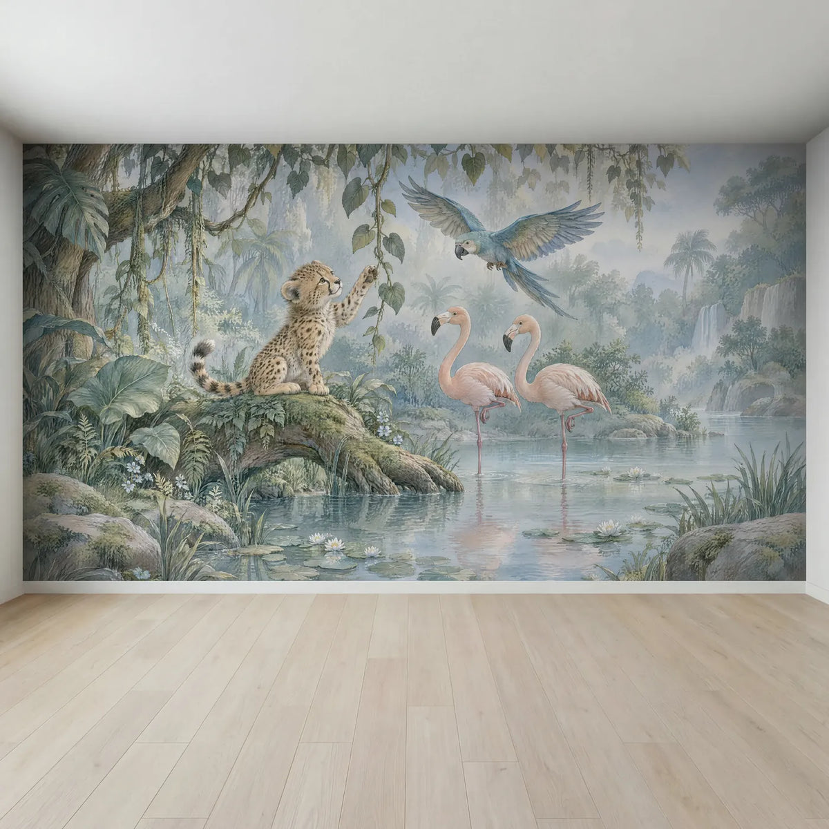 Storybook wall mural of a cheetah cub reaching for a vine by a lagoon, full mural design, by Whimsy Tots