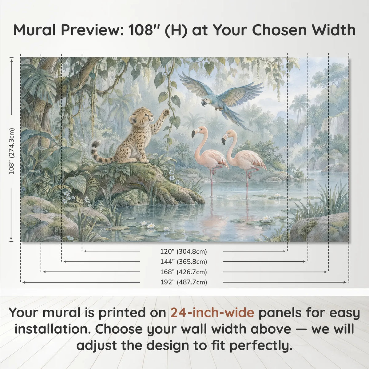 Storybook wall mural of a cheetah cub reaching for a vine by a lagoon, panel layout and size, by Whimsy Tots