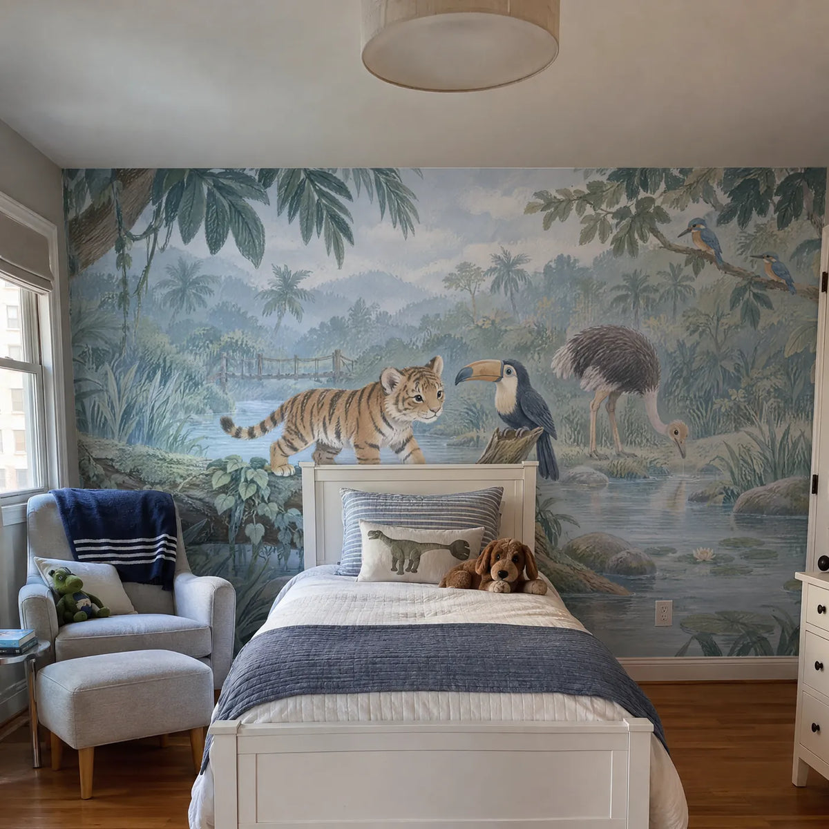 Gouache wall mural of a tiger cub on a log meeting a toucan, in a room photo, by Whimsy Tots