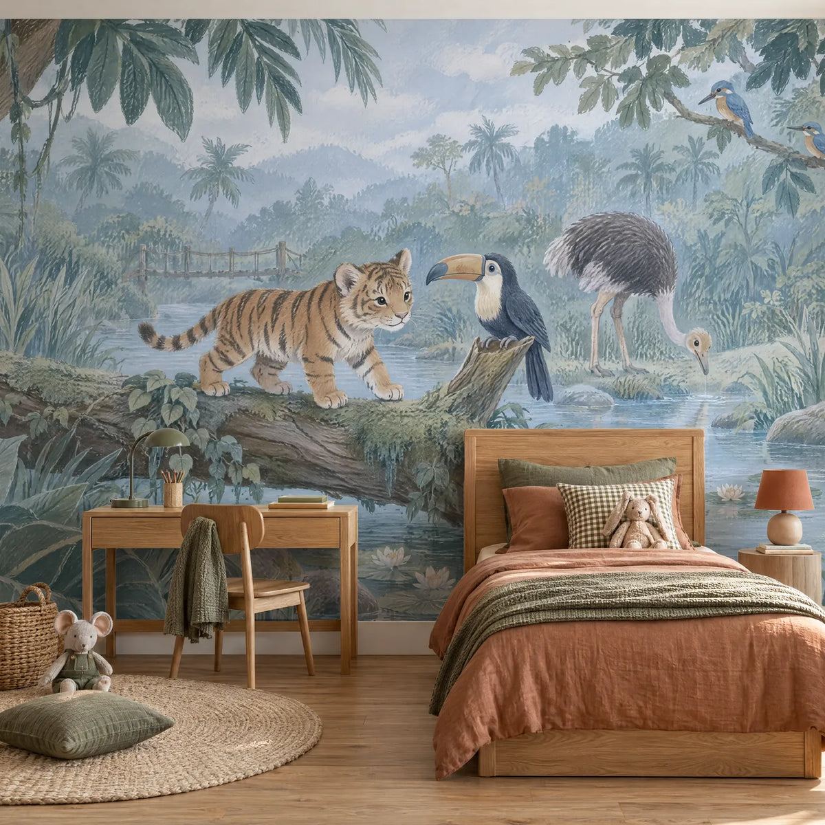 Gouache wall mural of a tiger cub on a log meeting a toucan, in a styled room, by Whimsy Tots