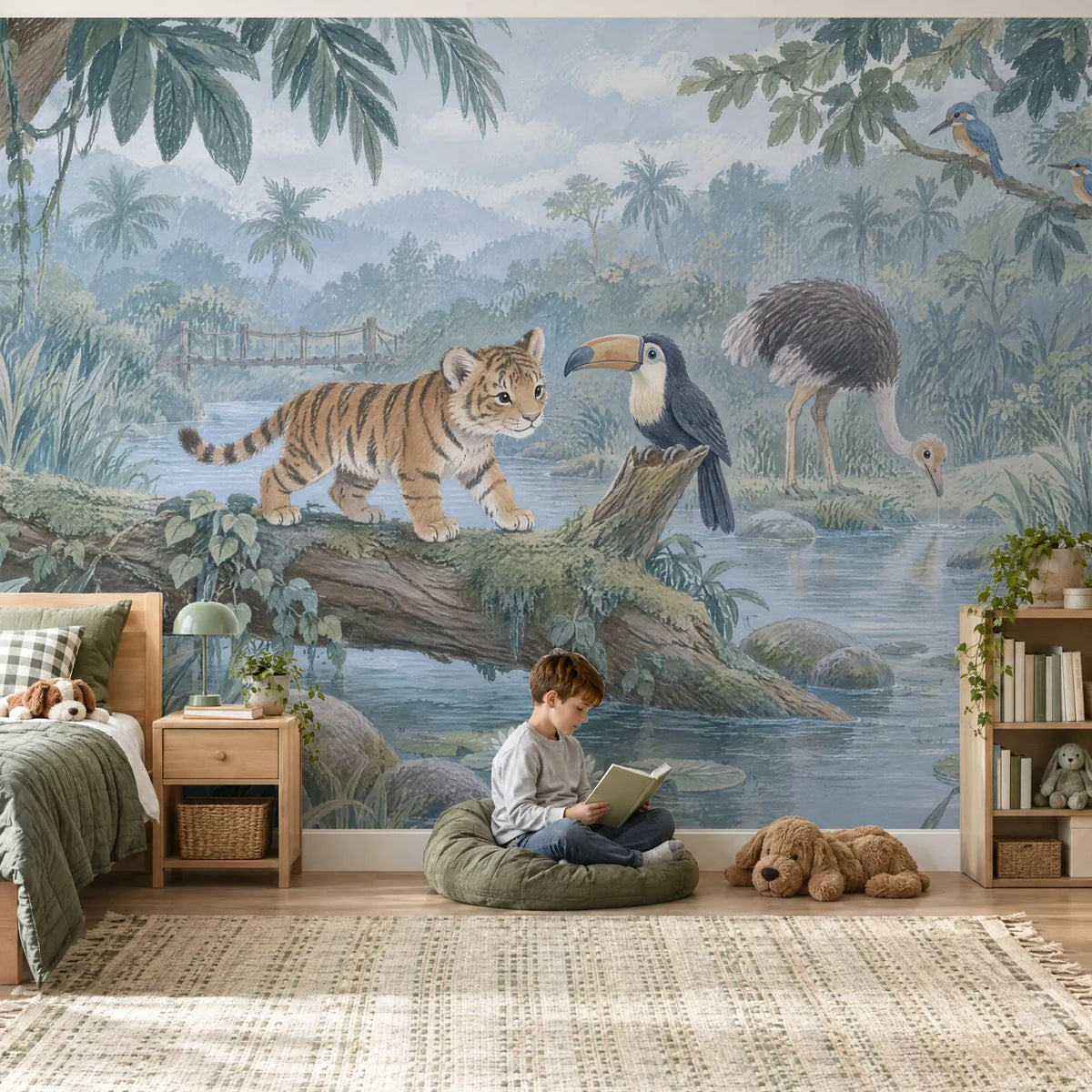 Gouache wall mural of a tiger cub on a log meeting a toucan, in a lifestyle room, by Whimsy Tots