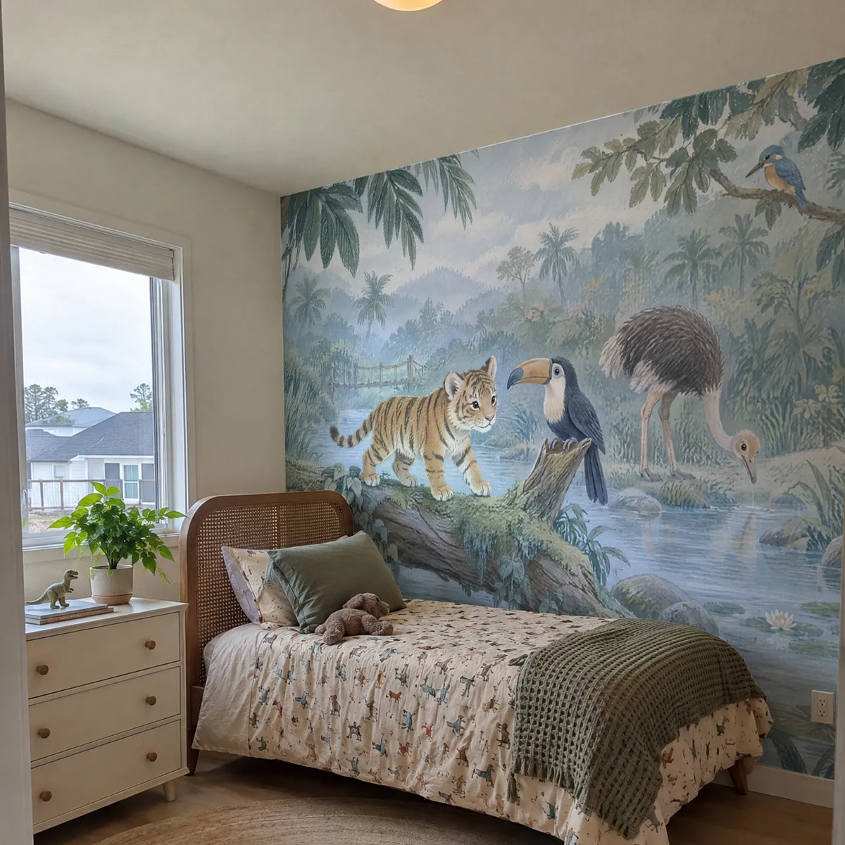 Gouache wall mural of a tiger cub on a log meeting a toucan, in a room photo, by Whimsy Tots