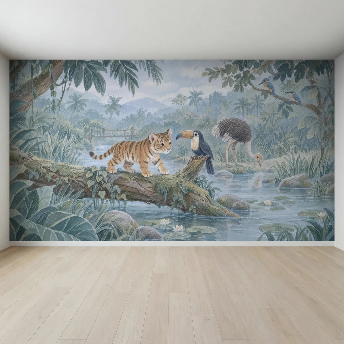 Gouache wall mural of a tiger cub on a log meeting a toucan, full mural design, by Whimsy Tots