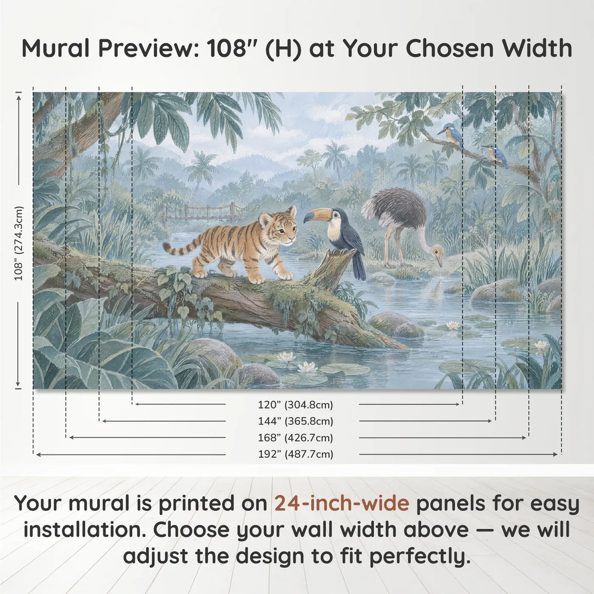 Gouache wall mural of a tiger cub on a log meeting a toucan, panel layout and size, by Whimsy Tots