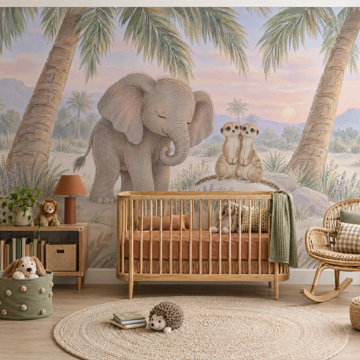 Gouache wall mural of a sleepy baby elephant and two meerkats, in a styled room, by Whimsy Tots