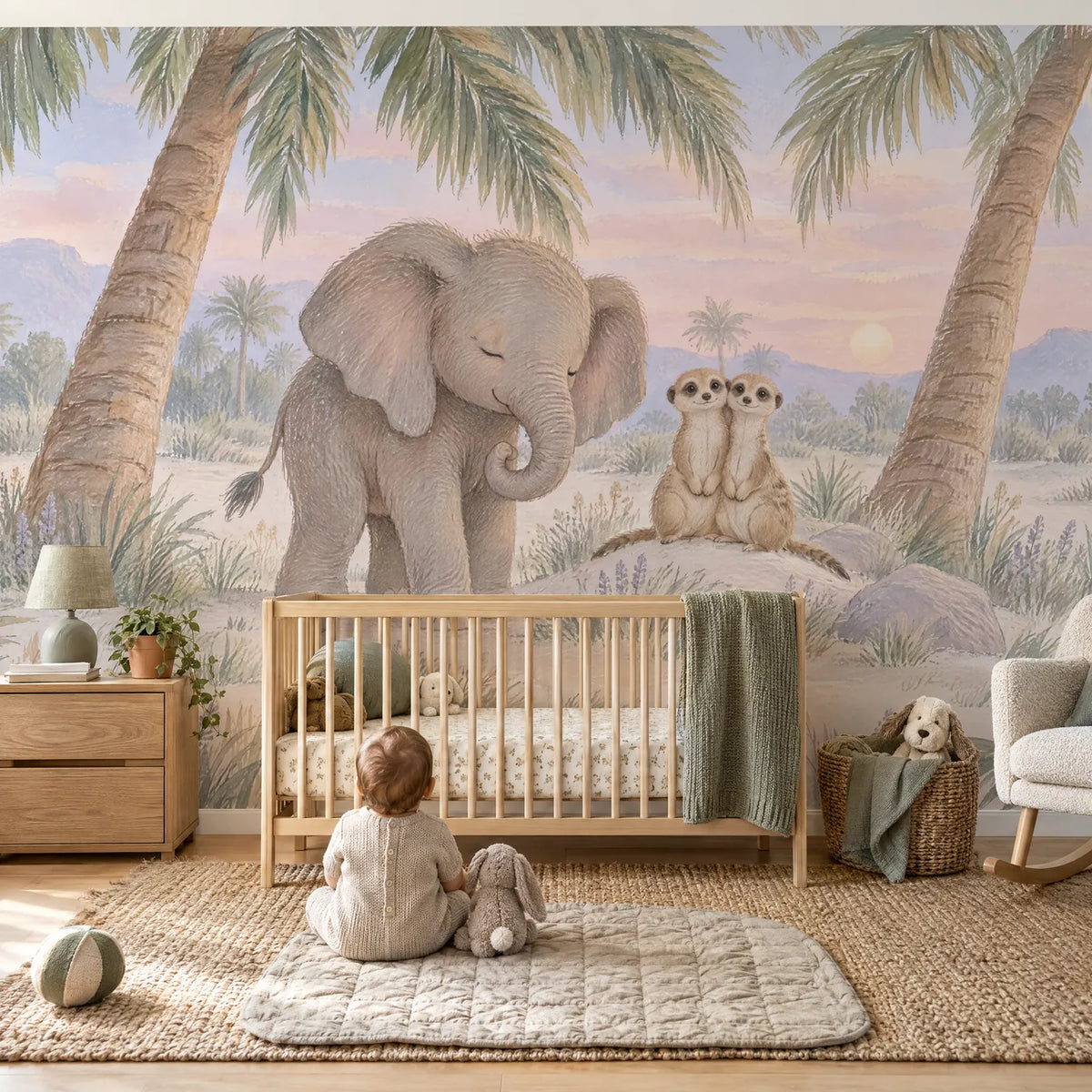 Gouache wall mural of a sleepy baby elephant and two meerkats, in a lifestyle room, by Whimsy Tots