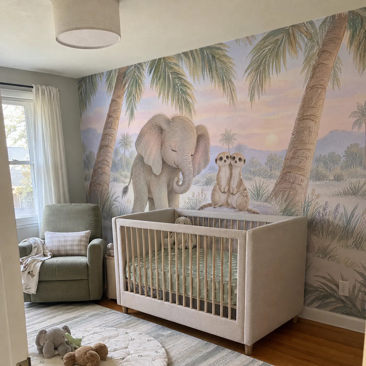 Gouache wall mural of a sleepy baby elephant and two meerkats, in a room photo, by Whimsy Tots