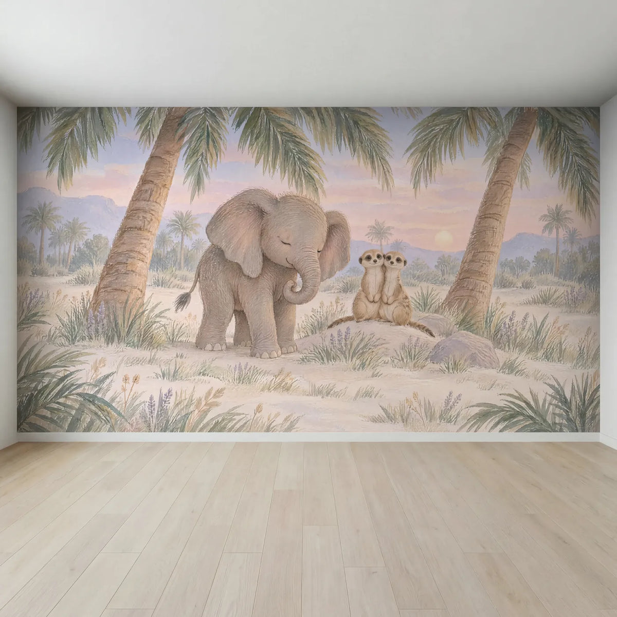 Gouache wall mural of a sleepy baby elephant and two meerkats, full mural design, by Whimsy Tots