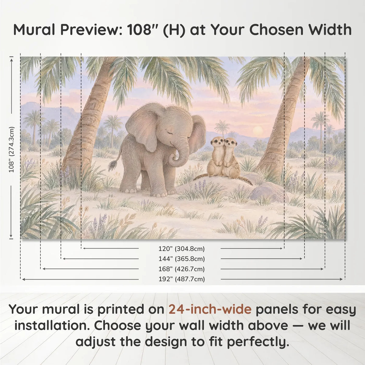 Gouache wall mural of a sleepy baby elephant and two meerkats, panel layout and size, by Whimsy Tots