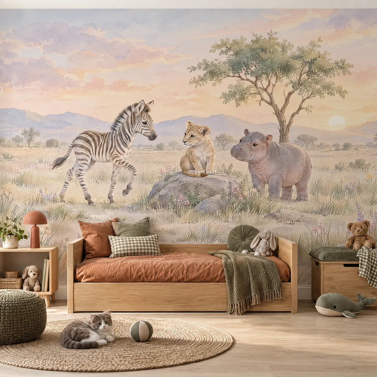 Watercolor safari wall mural of a zebra, lion cub and hippo, in a styled room, by Whimsy Tots