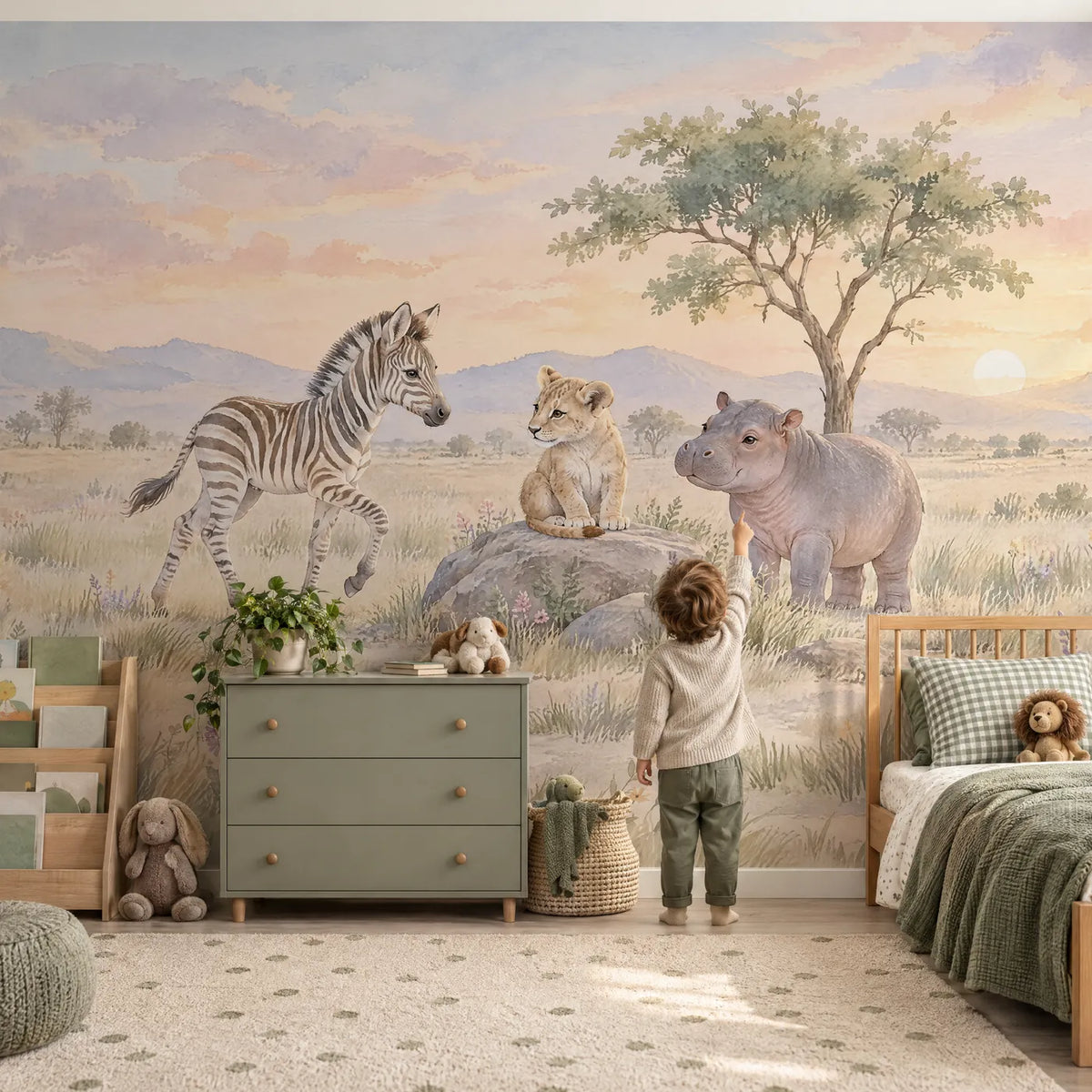 Watercolor safari wall mural of a zebra, lion cub and hippo, in a lifestyle room, by Whimsy Tots