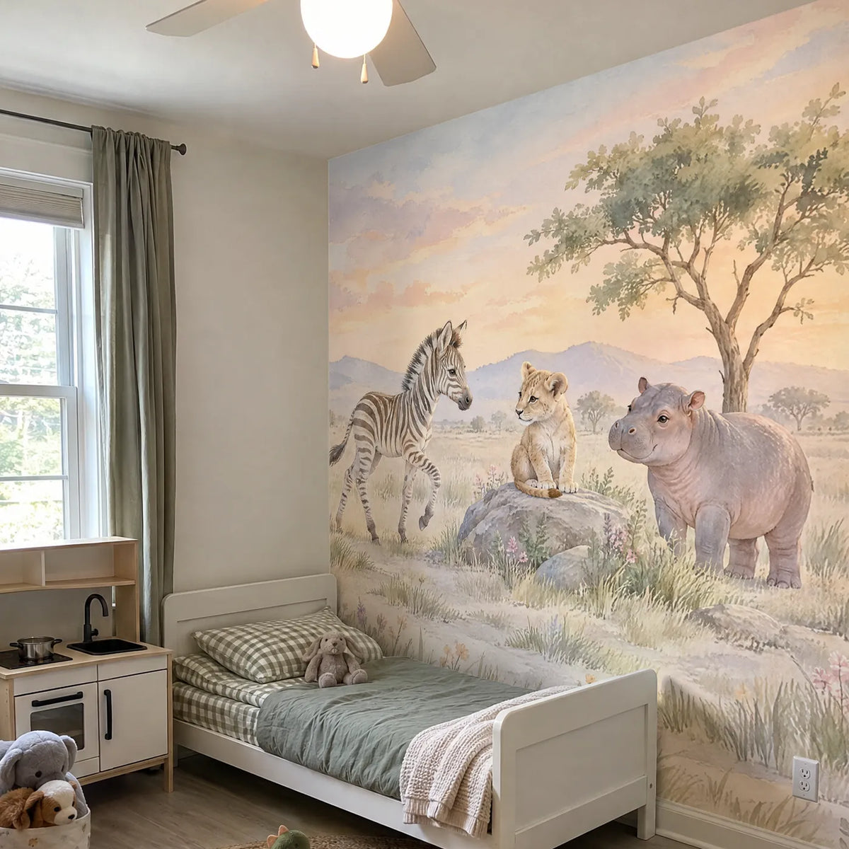 Watercolor safari wall mural of a zebra, lion cub and hippo, in a room photo, by Whimsy Tots