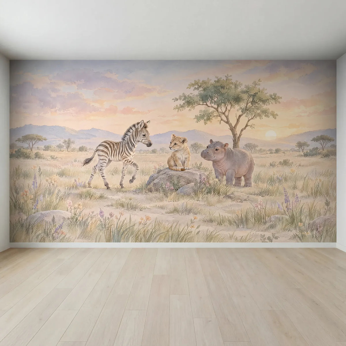 Watercolor safari wall mural of a zebra, lion cub and hippo, full mural design, by Whimsy Tots