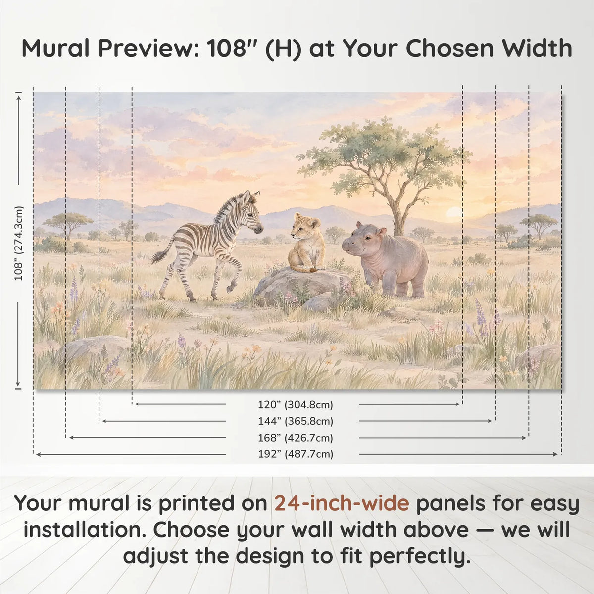 Watercolor safari wall mural of a zebra, lion cub and hippo, panel layout and size, by Whimsy Tots
