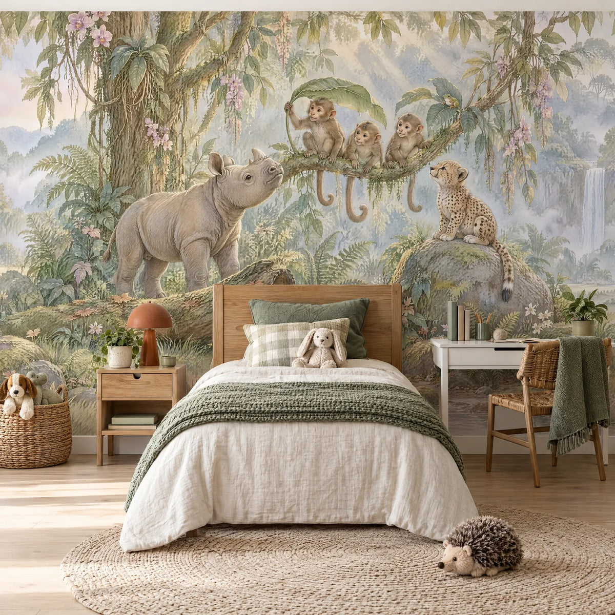 Storybook wall mural of monkeys, a rhino and cheetah cub, in a styled room, by Whimsy Tots