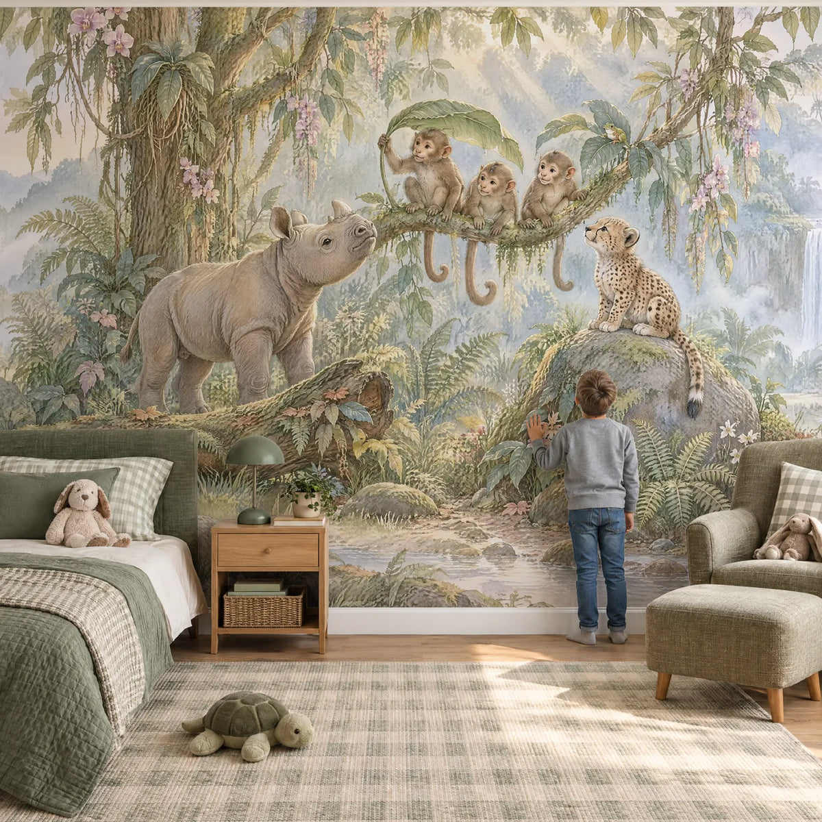Storybook wall mural of monkeys, a rhino and cheetah cub, in a lifestyle room, by Whimsy Tots
