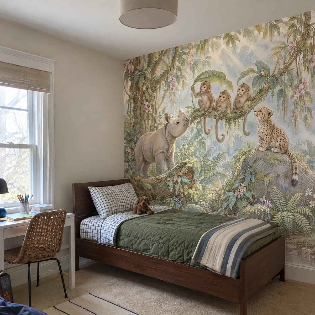 Storybook wall mural of monkeys, a rhino and cheetah cub, in a room photo, by Whimsy Tots