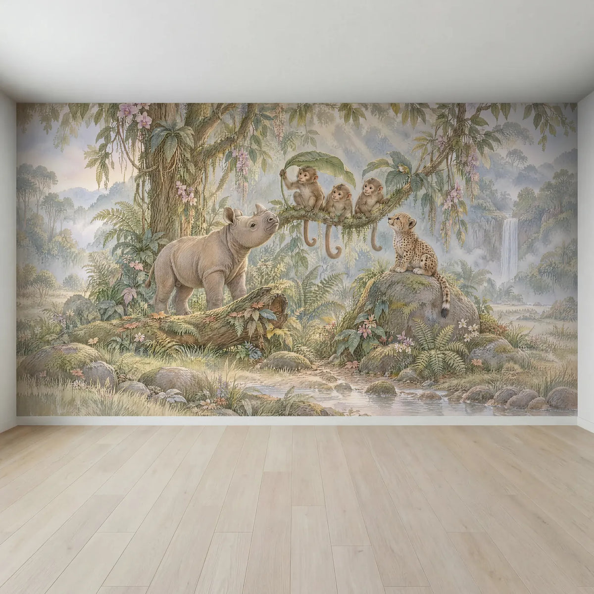 Storybook wall mural of monkeys, a rhino and cheetah cub, full mural design, by Whimsy Tots
