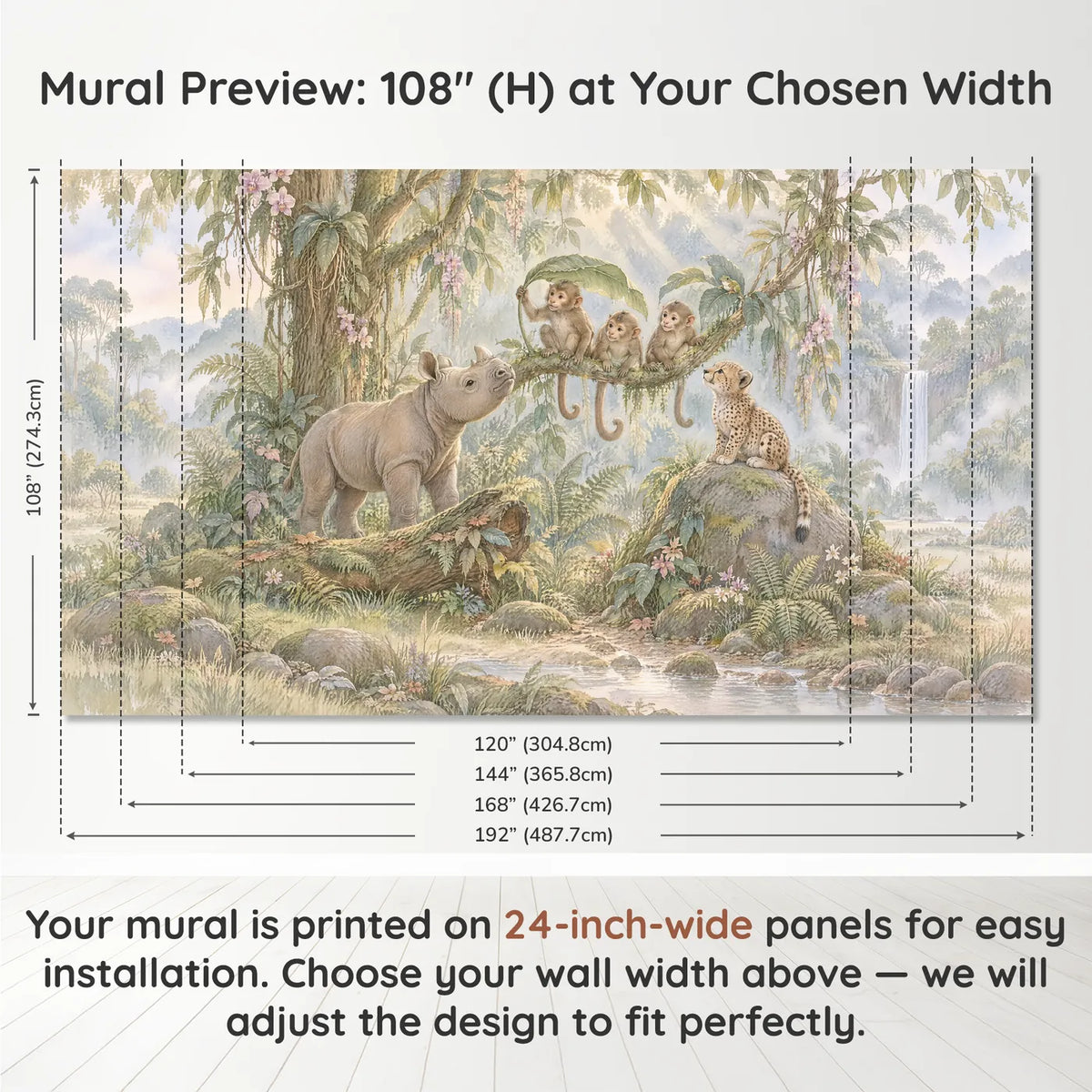 Storybook wall mural of monkeys, a rhino and cheetah cub, panel layout and size, by Whimsy Tots