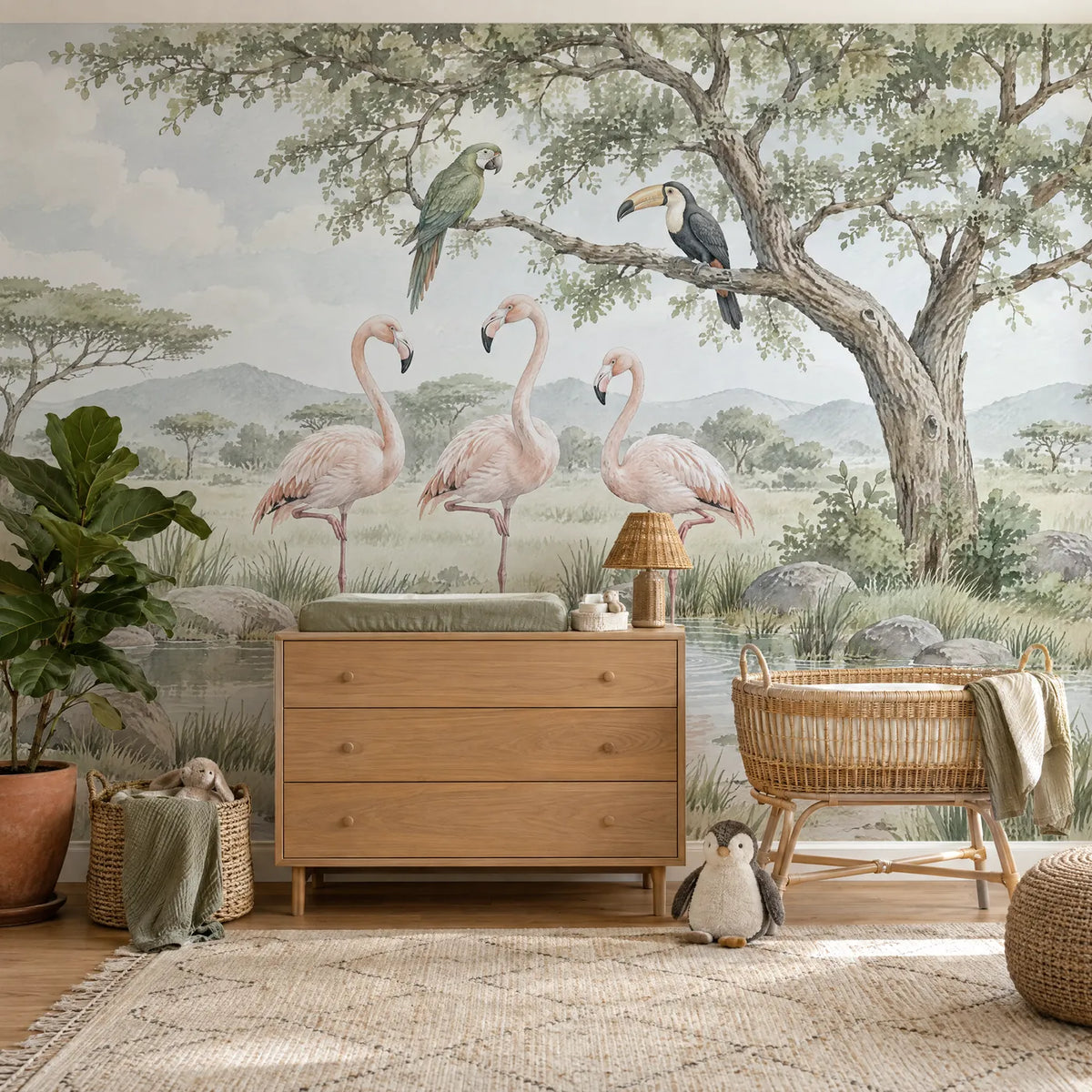 Watercolor flamingo wall mural for a nursery, in a styled room, by Whimsy Tots