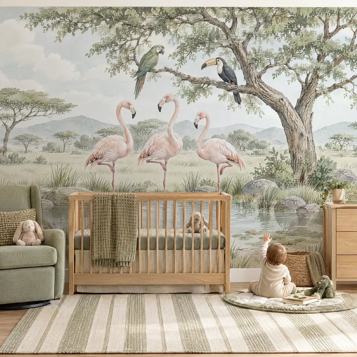 Watercolor flamingo wall mural for a nursery, in a lifestyle room, by Whimsy Tots