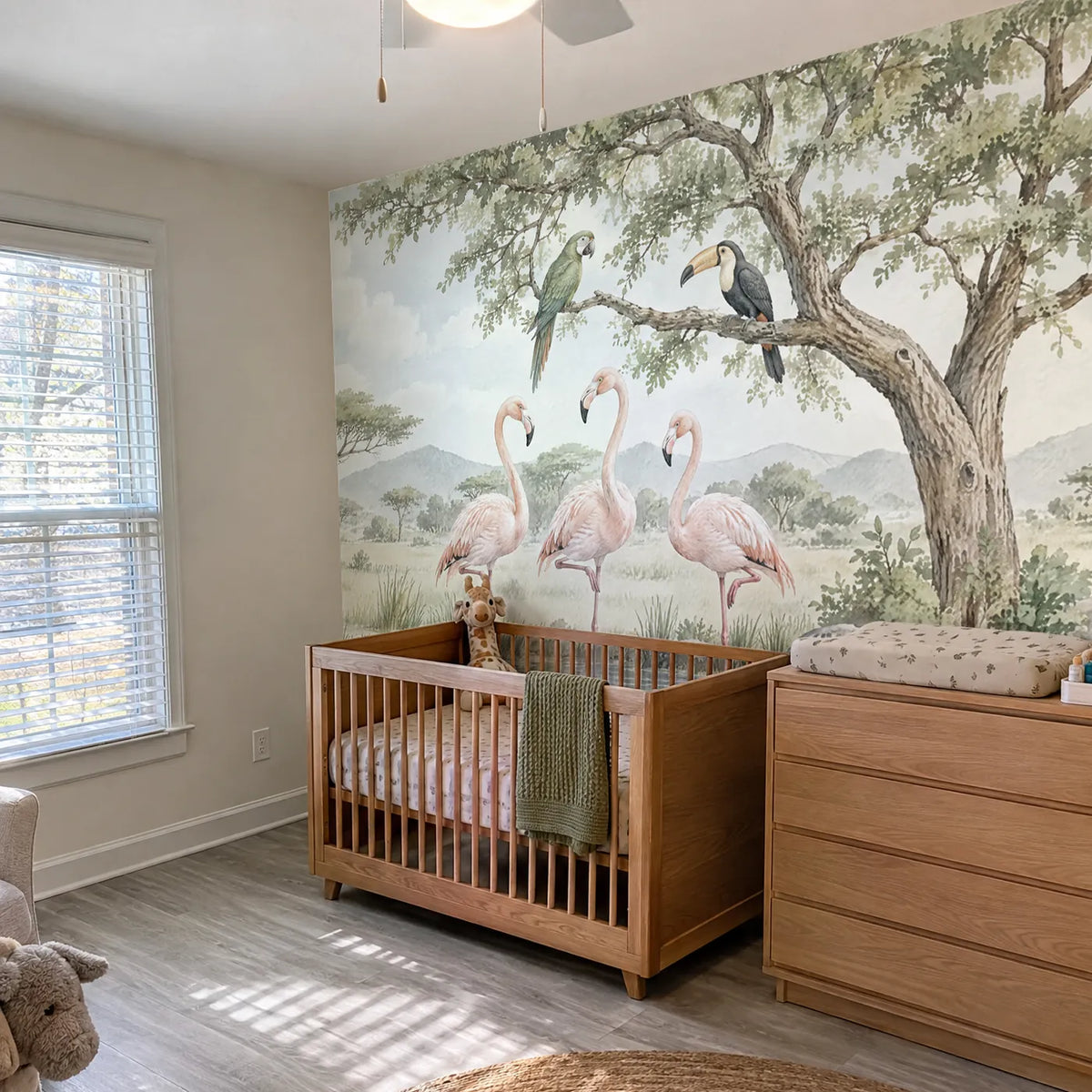 Watercolor flamingo wall mural for a nursery, in a room photo, by Whimsy Tots