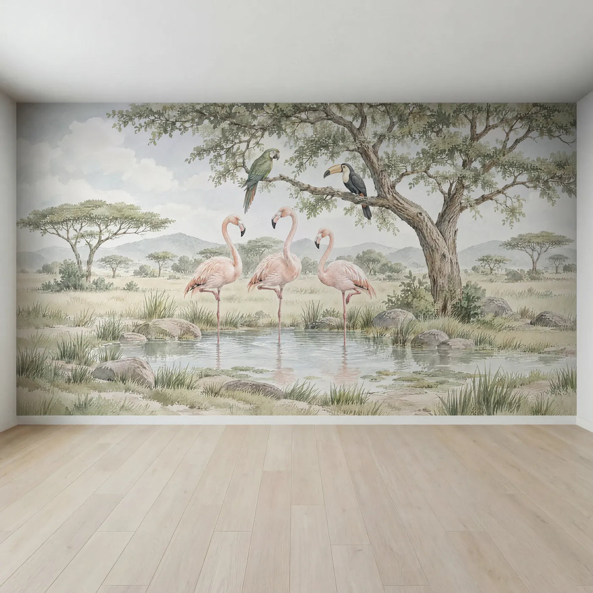 Watercolor flamingo wall mural for a nursery, full mural design, by Whimsy Tots