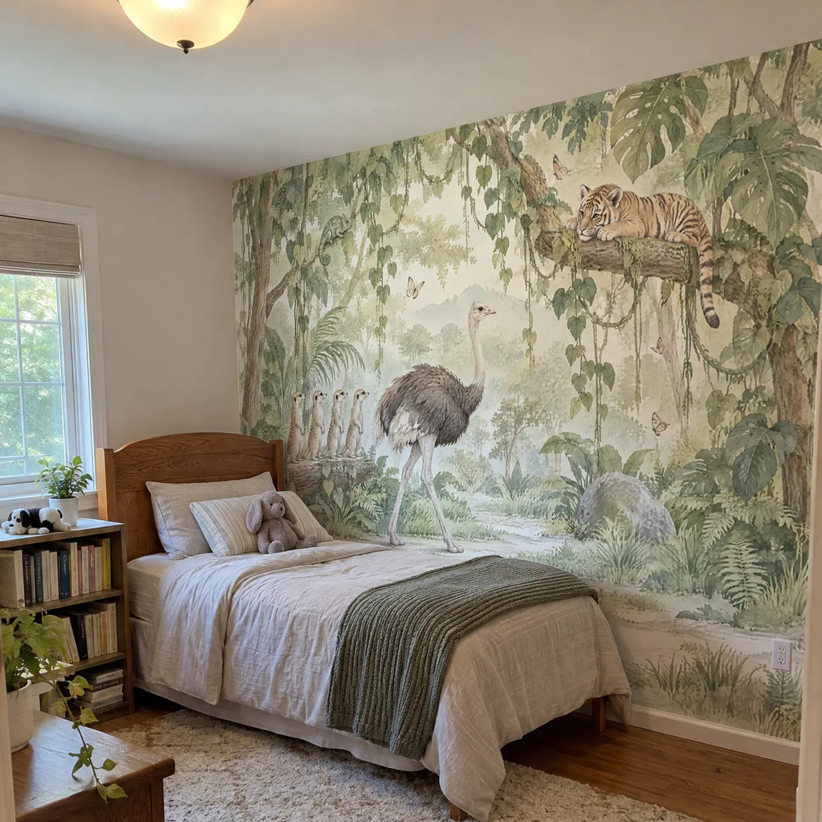 Watercolor jungle animal wall mural for a playroom, in a room photo, by Whimsy Tots