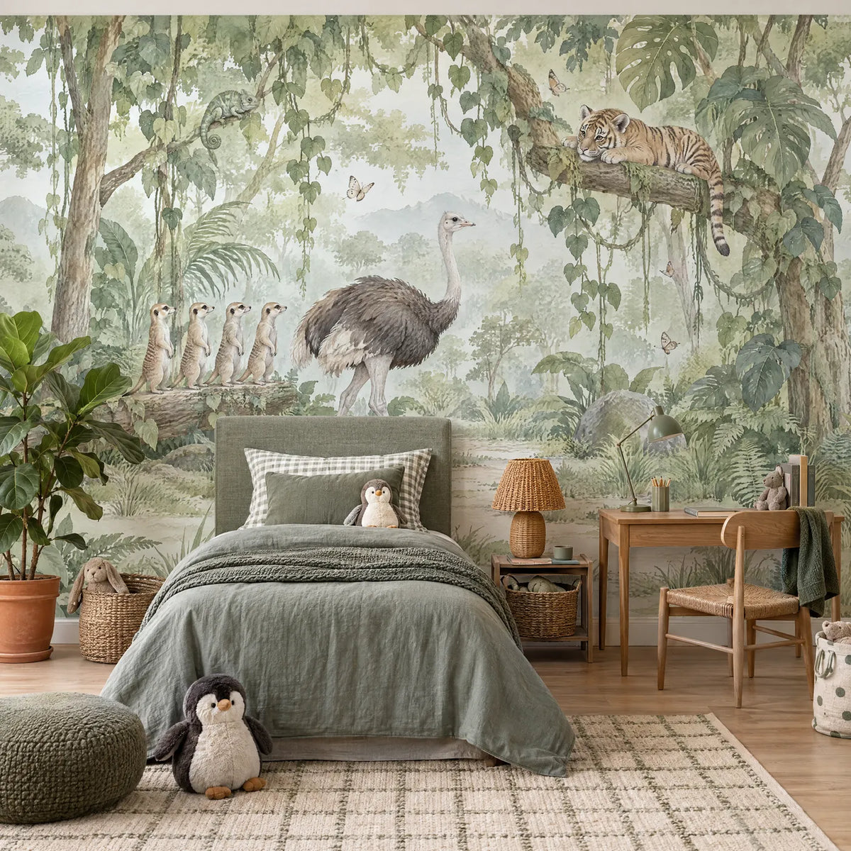 Watercolor jungle animal wall mural for a playroom, in a styled room, by Whimsy Tots