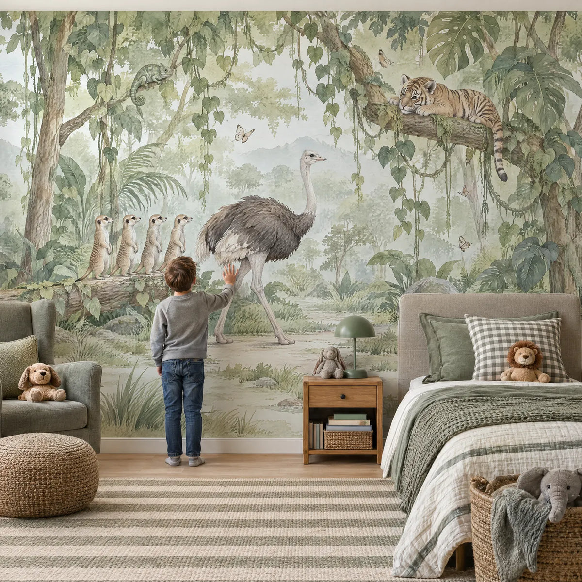 Watercolor jungle animal wall mural for a playroom, in a lifestyle room, by Whimsy Tots