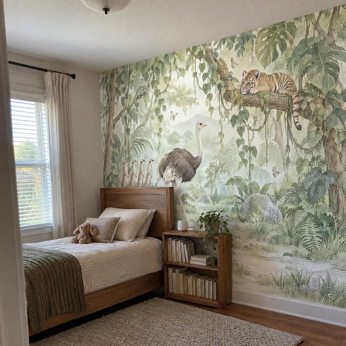 Watercolor jungle animal wall mural for a playroom, in a room photo, by Whimsy Tots