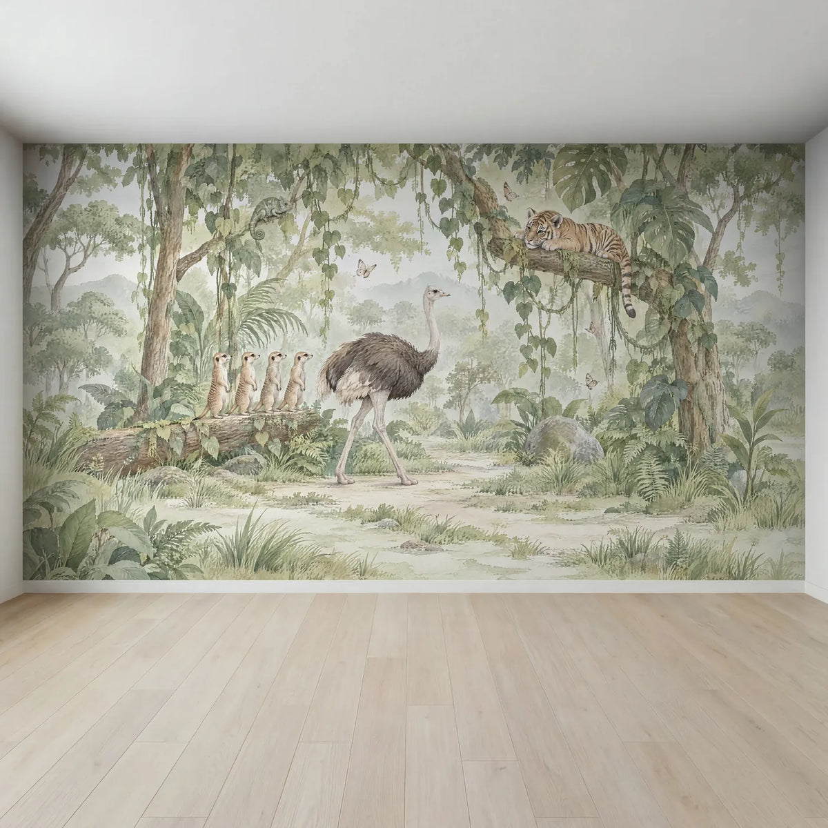 Watercolor jungle animal wall mural for a playroom, full mural design, by Whimsy Tots