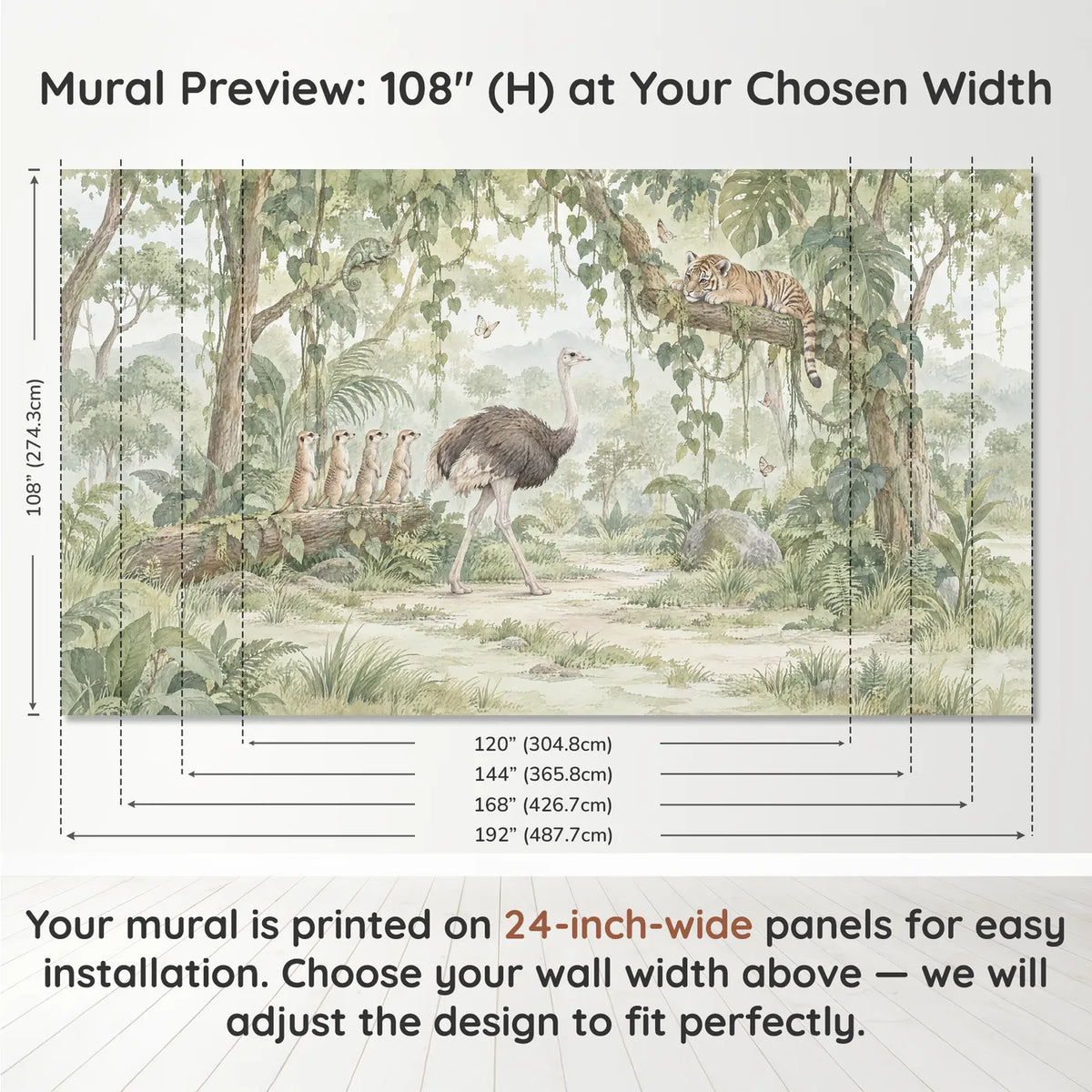 Watercolor jungle animal wall mural for a playroom, panel layout and size, by Whimsy Tots