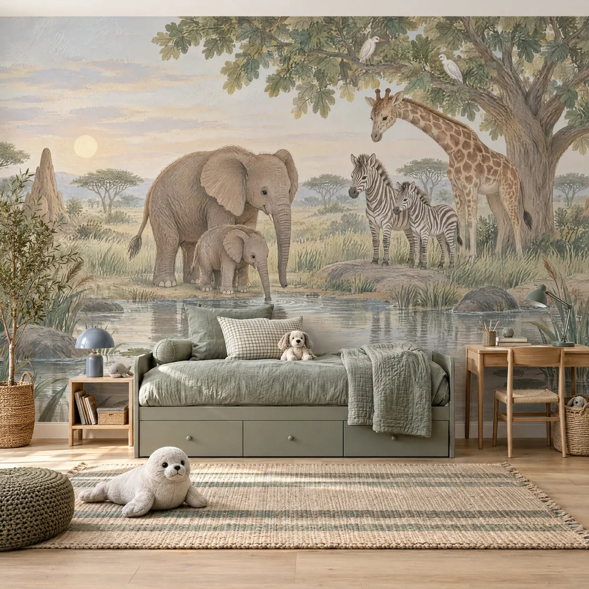 Gouache safari watering hole wall mural for a bedroom, in a styled room, by Whimsy Tots