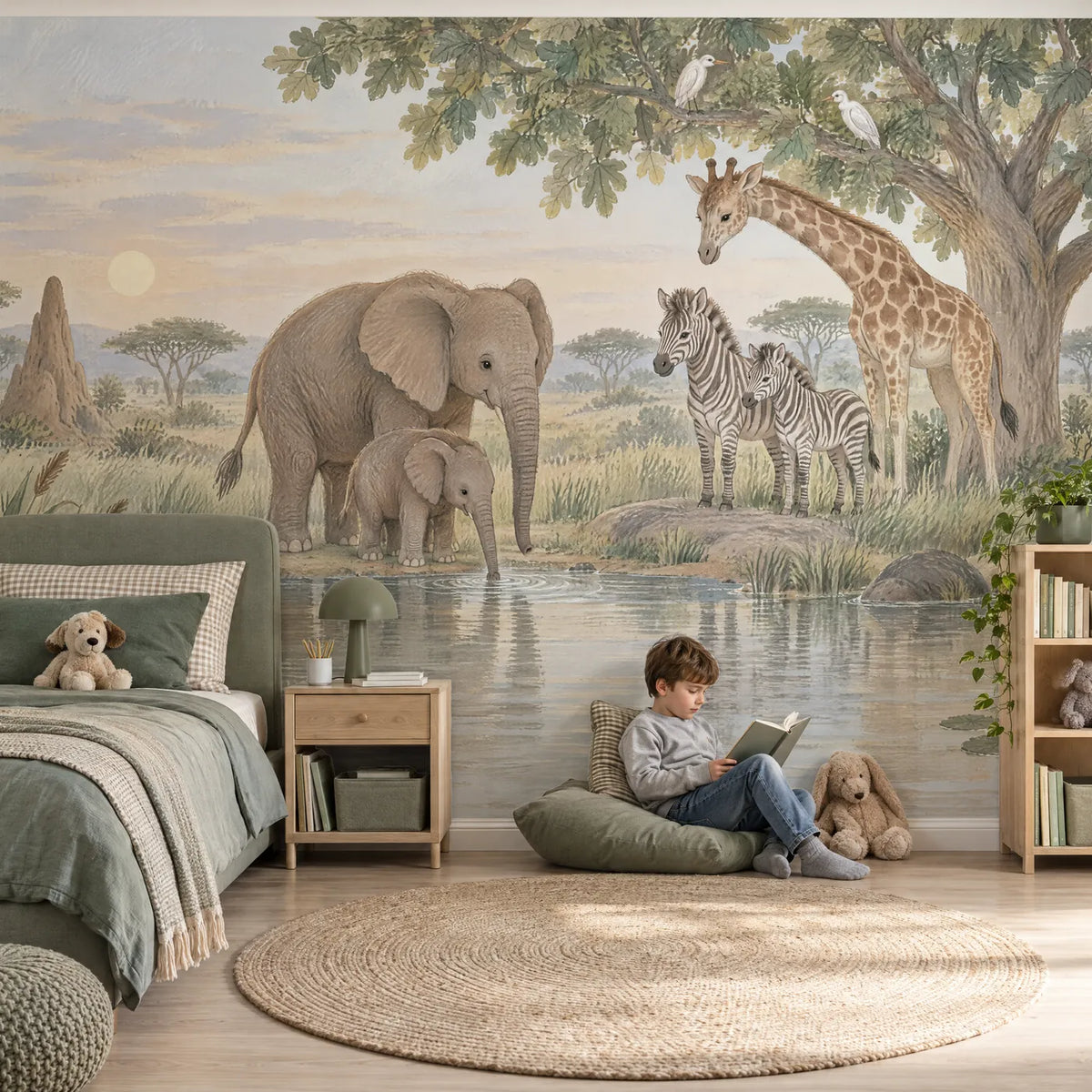 Gouache safari watering hole wall mural for a bedroom, in a lifestyle room, by Whimsy Tots
