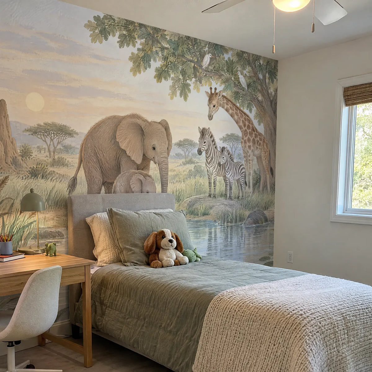 Gouache safari watering hole wall mural for a bedroom, in a room photo, by Whimsy Tots
